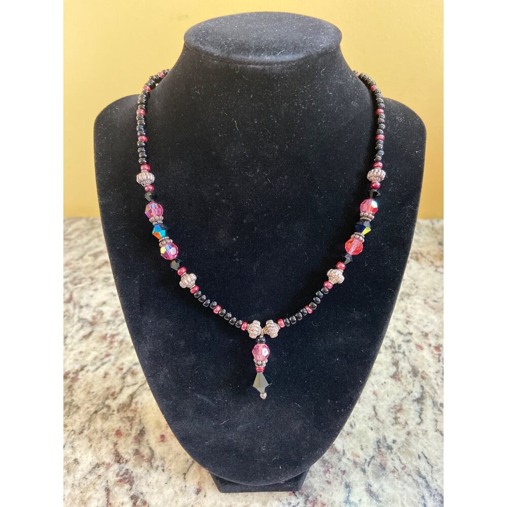 Emily Ray Swarovski Crystal  Beaded Necklace Black Pink Boho Handmade Jewelry